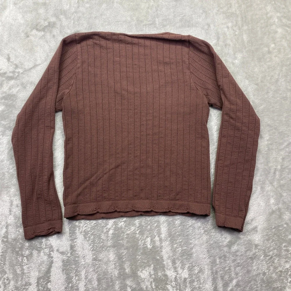 Anthropologie Brown Ribbed Scoop Neck‎ Long Sleeve Top Scalloped Hem Medium